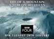 an aerial shot of a snow-clad Helvellyn in the Lake District. with the BBC Four icon